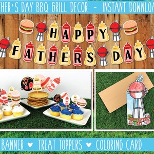 Happy Father&#39;s Day BBQ Decorations Printable, Fathers Day Party Decor, Banner, Summer BBQ Party, Father&#39;s Day Bundle, Summer Decor, PDF