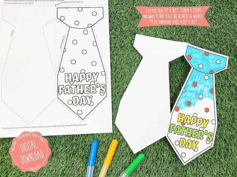 May include: Printable Father's Day card in the shape of a tie. The card is blank and can be coloured in. The card is 28cm by 22cm and fits a standard size envelope.