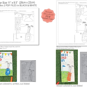 May include: Printable card template for Father's Day. The card features a golf bag, golf clubs, and a golf flag with the text "Best Dad By Par". The card is shown in colour and black and white.