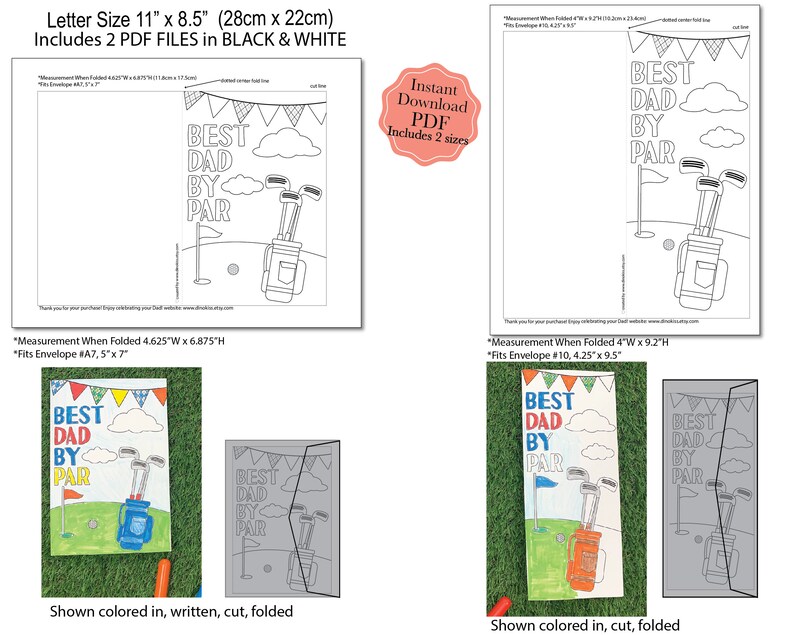 May include: Printable card template for Father's Day. The card features a golf bag, golf clubs, and a golf flag with the text "Best Dad By Par". The card is shown in colour and black and white.