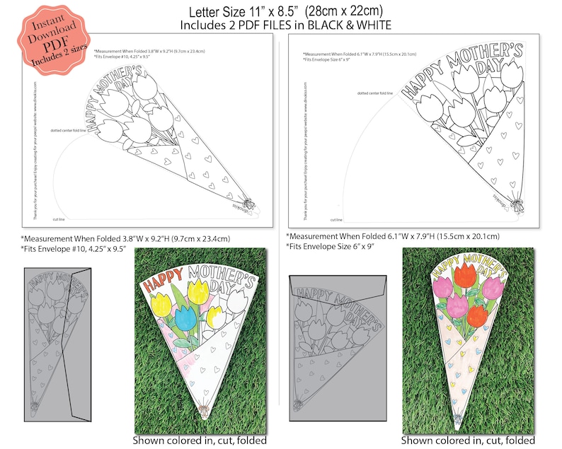 May include: Printable Mother's Day card craft in the shape of a bouquet of tulips. The card is shown in both black and white and colored versions. The card is folded and fits in a standard size 6 or 10 envelope.