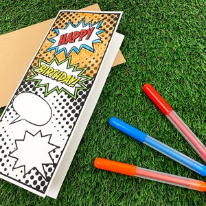 Happy Birthday Comic Coloring Card, Birthday Coloring Card, Superhero ...