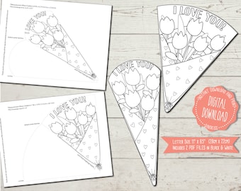 I Love You Coloring Card, Tulip, I Love You Card Printable, Tulip Bouquet Printable, Flower Bouquet Printable