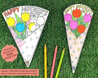 Mothers Day Coloring Card PDF, Mothers Day Card Printable, Tulip Bouquet Printable, Happy Mothers Day Card Printable, Mothers Day Bouquet