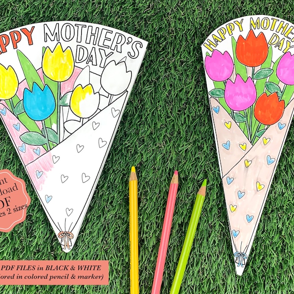 Mothers Day Coloring Card PDF, Mothers Day Card Printable, Tulip Bouquet Printable, Happy Mothers Day Card Printable, Mothers Day Bouquet
