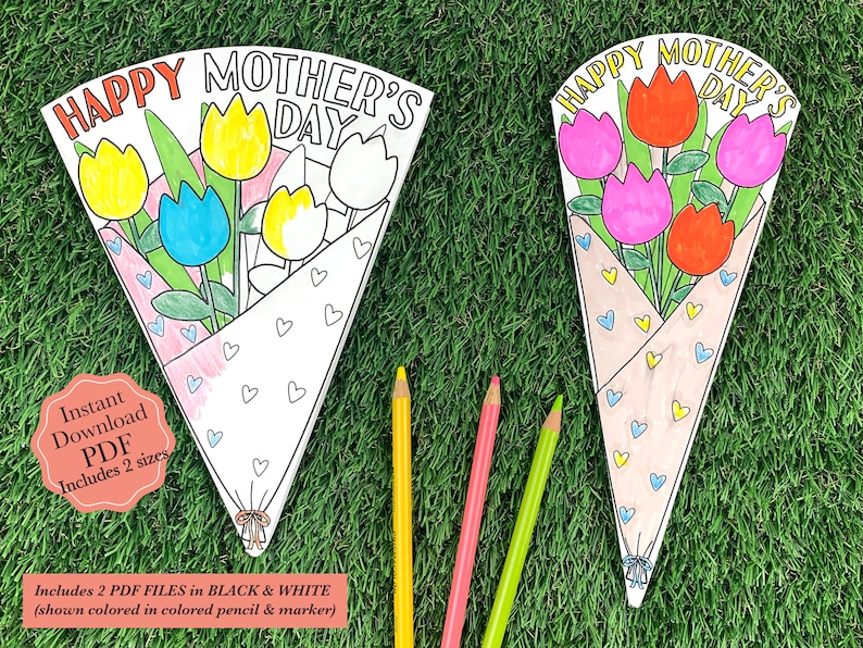 May include: Two printable Mother's Day cards featuring a bouquet of flowers. The cards are in black and white and include the text "Happy Mother's Day".