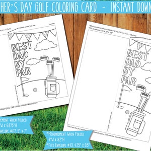May include: A printable colouring card for Father's Day featuring a golf bag, golf clubs, a golf ball, and the text "Best Dad By Par". The card is designed to be folded and fits a standard A7 envelope.