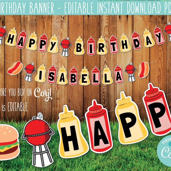 BBQ Birthday Banner Editable Printable, Backyard BBQ Birthday, Barbecue Birthday Banner, Summer Birthday Party Decor, Grill Birthday Decor