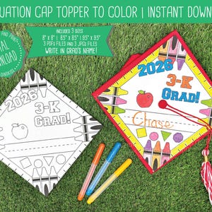 WRITE NAME 2026 3-K Graduation Cap Topper Coloring Page Printable | Graduation Hat Topper, Grad Topper Printable, pdf, 3K (Digital Download)