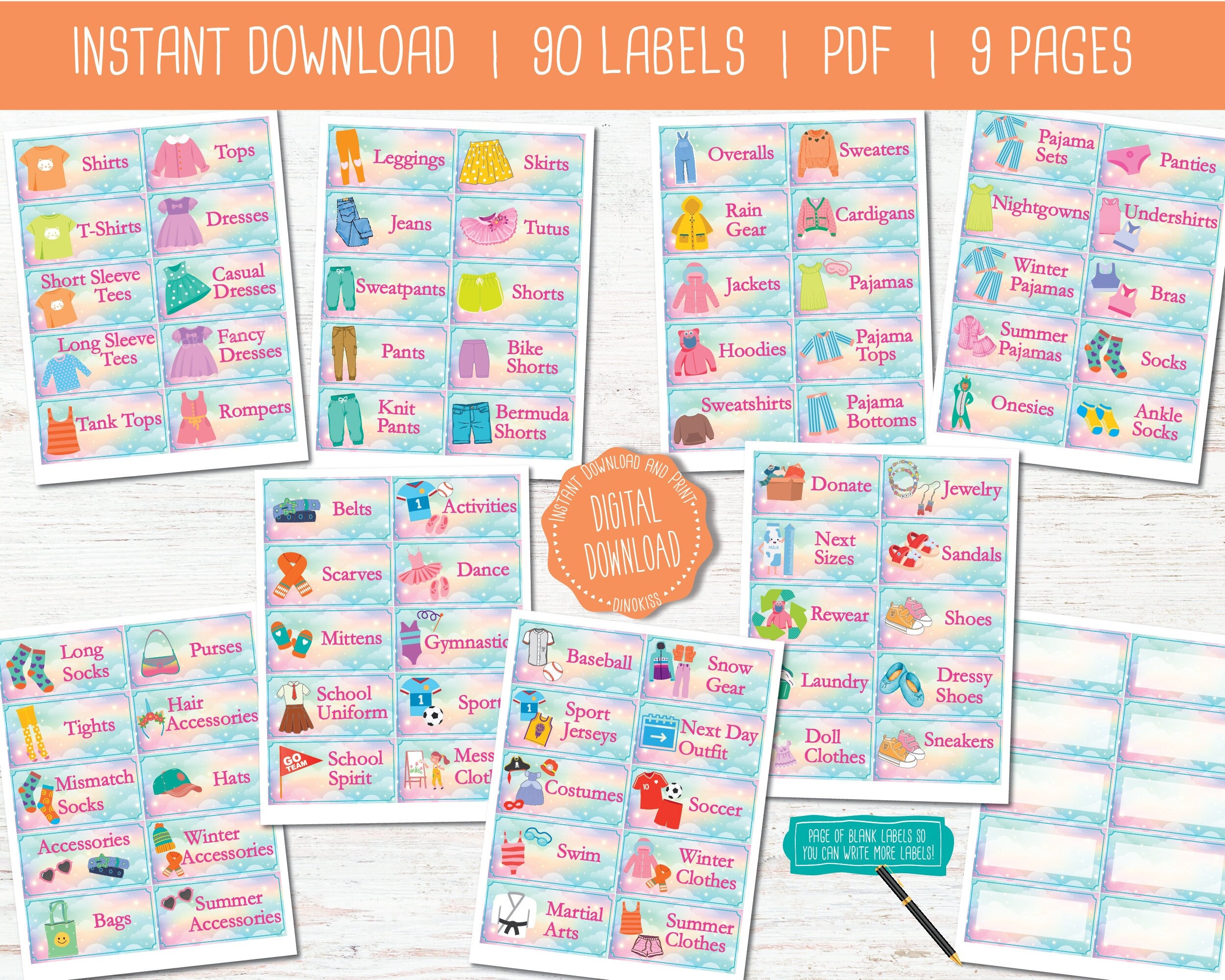 Printable Dresser Labels / Simple Organizing Labels for Clothing / Kids /  Instant Download PDF and SVG 