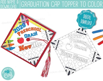 EDITABLE TYPED NAME - 2026 Preschool Graduation Cap Topper Coloring Page Printable, Grad Topper, Graduation Topper, Corjl (Digital Download)