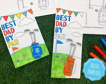 Puede incluir: Una tarjeta para colorear imprimible con el texto "Best Dad By Par" y una bolsa de golf con palos. La tarjeta tiene un esquema de color azul, verde y naranja. La tarjeta es perfecta para el Día del Padre.