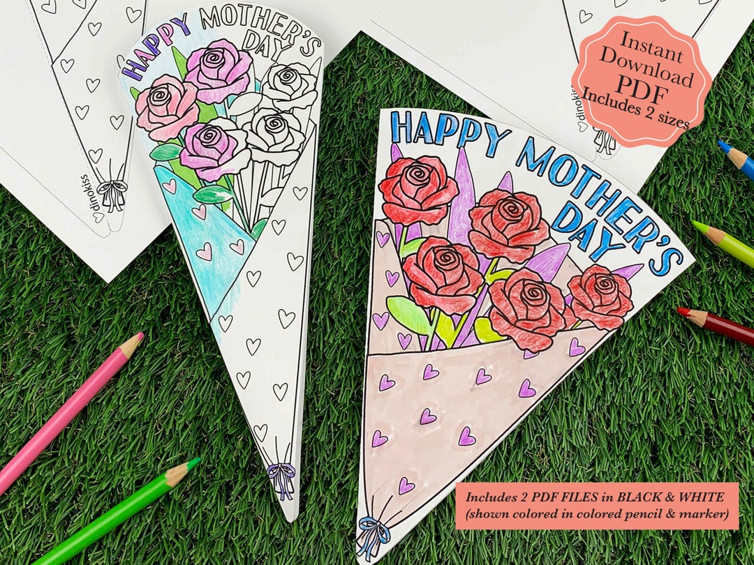 Mothers Day Coloring Card PDF, Mothers Day Card Printable, Roses ...