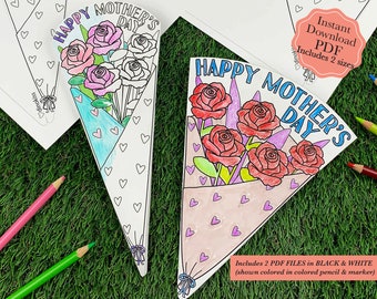 Mothers Day Coloring Card PDF, Mothers Day Card Printable, Roses Bouquet Printable, Happy Mothers Day Card Printable, Mothers Day Bouquet