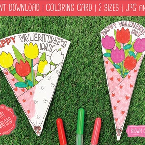 Valentines Day Coloring Card PDF, Valentines Day Card Printable, Tulip Bouquet Printable, Valentine Card Printable, Valentines Day Bouquet