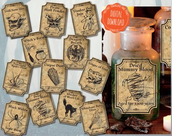 Halloween Potion Labels Printable,  Apothecary Labels, Halloween Labels, Apothecary Label, Primitive Halloween, Haunted House Decor, PDF
