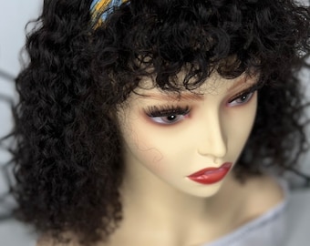 Virgin Human hair curls curly bang wig