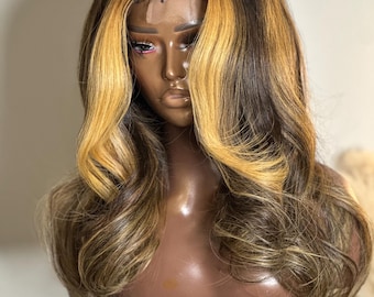 18 Inch Indonesian Raw Hair Wig | Honey Blonde Highlights Body Wave, Lace Closure