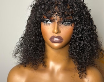 12-Inch Curly Human Hair Wig – Glueless Machine Made Bob with Bangs (180% Density)
