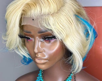 Layered colored blonde/blue Bob Human Hair Wig