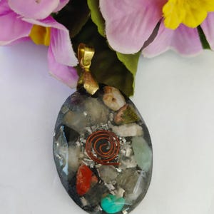 Black Orgonite Chakra Pendant with Copper Spiral– Energy Protection Necklace with Healing Crystals, EMF Shield Spiritual Gift for Him or Her
