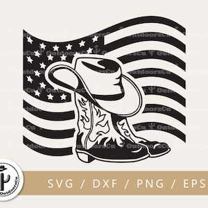 May include: Black and white silhouette of a cowboy boot and hat in front of an American flag.