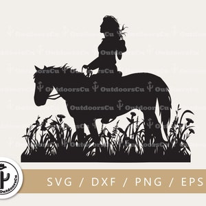 Ranch Life Cowgirl Riding Horse parmi les mauvaises herbes et le champ de fleurs sauvages svg png fichier coupé | | d’équitation Fille à cheval (OCU-071)