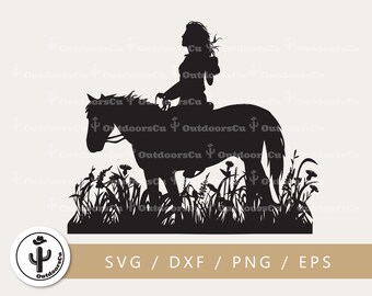 Ranch Life Cowgirl Riding Horse among weeds and wildflower field svg png cut file | Horseback Riding | Girl riding on a horse (OCU-071)