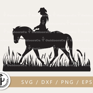 Chica montando en un caballo svg png archivo de corte / Equitación SVG / Vaquera con animal y maleza silueta / Caballo de granja / (OCU-038)