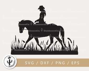 Girl riding on a horse svg png cut file | Horseback Riding SVG | Cowgirl with Animal & weeds silhouette | Farm Ranch horse | (OCU-038)