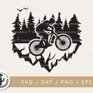 Mountainbiker auf Berg und Wald svg png geschnitten Datei | Mountainbike-Abenteuer | Freeride auf Waldlandschaft | MTB svg (OCU-075)