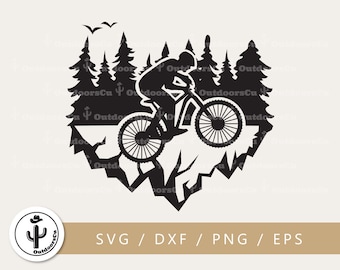 May include: Black and white silhouette of a mountain biker riding through a forest. The biker is in mid-air, with the front wheel of the bike off the ground. The trees are tall and thin, and the ground is rocky. The image is a graphic design.