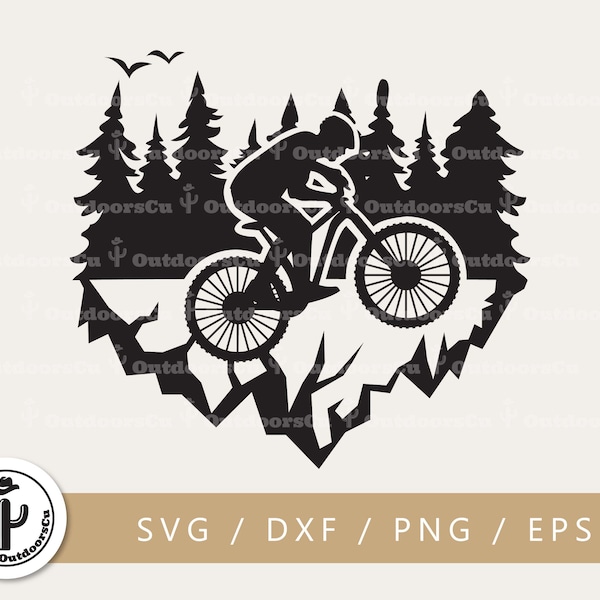 Mountain Biker on Mountain and Forest svg png cut file | Mountain Biking adventure | Freeride on forest landscape | MTB svg (OCU-075)