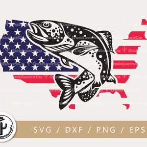 May include: Black and white silhouette of a fish jumping out of the water, with the American flag in the background. The fish is jumping out of the water with its mouth open. The American flag is in the background and is in the shape of the United States. The fish is in the center of the image and is the main focus.