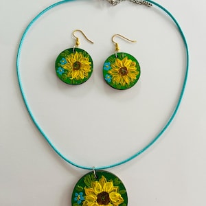 Hand painted Sunflower necklace and earrings set, handmade jewelry, original jewelry art, floral jewelry, floral earrings, sunflower earring