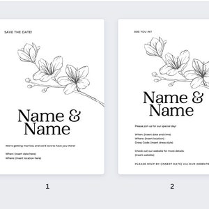 Könnte beinhalten: Zwei Hochzeitseinladungskarten mit einem floralen Design und dem Text "Save the Date!" und "Are you in?"  Die Karten zeigen die Namen des Paares und Details zur Hochzeit, einschließlich Datum, Uhrzeit und Ort.  Der Text "Please RSVP by [Insert Date] via our website" ist auf der zweiten Karte enthalten.
