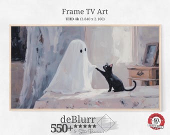 Fall Frame TV Art Ghost meets Cat • Happy Halloween • Cute Ghost and black Cat • Textured Brushstrokes • Instant Download