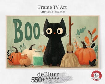 Fall Frame TV Art Cute Halloween Cat • Cute Boo-Cat • Pumpkins and Black Cat on Halloween • Instant Download