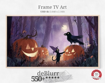 Fall Frame TV Art Halloween Night • Black Cat Art • Pumpkin Decor • Purple Illustration • Instant Download • for all Frame TV Brands