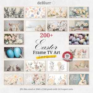 May include: A collection of framed Easter-themed TV art prints. The images feature bunnies, eggs, and floral arrangements in pastel colors. Text includes "200+ Easter Frame TV Art" and "Instant Download".