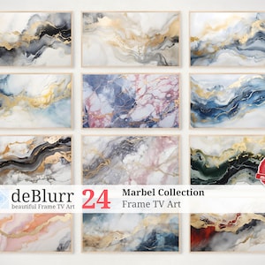 May include: A set of 9 abstract art prints featuring marble-like patterns in shades of blue, gray, white, and gold. The prints are framed in a light wood frame. The text "Marbel Collection Frame TV Art" is displayed at the bottom of the image.