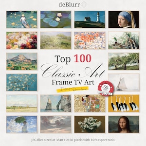 May include: A collage of 16 classic art paintings, including works by Monet, Van Gogh, and Da Vinci. The collage is titled "Top 100 Classic Art Frame TV Art" and includes the text "Instant Download" and "Guaranteed 60 Days Money Back".
