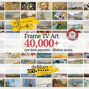 May include: A digital collection of over 40,000 landscape and portrait paintings for Frame TV. The display features a grid of various art styles, including seascapes, floral arrangements, and cityscapes, with text reading Frame TV Art 40,000+.