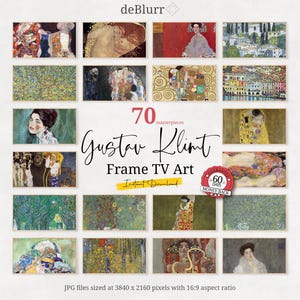 May include: A digital download of 70 Gustav Klimt paintings, perfect for framing and displaying on a TV screen. The images are high-resolution, with a 16:9 aspect ratio, and are sized at 3840 x 2160 pixels.