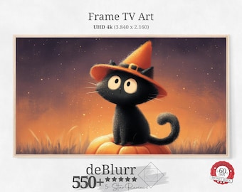Fall Frame TV Art Cute Halloween Cat • Cute Cat with Hat on a Pumpkin • Black Cat on Halloween • Instant Download