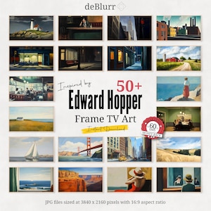 Può includere: Un collage di oltre 50 dipinti digitali ispirati a Edward Hopper. I dipinti sono disposti in una griglia e presentano diverse scene, tra cui paesaggi urbani, paesaggi e interni. Il testo "Ispirato da Edward Hopper" e "Arte TV incorniciata" è visualizzato al centro del collage. Il testo "Download istantaneo" è visualizzato sotto il titolo. È inclusa anche una garanzia di rimborso.