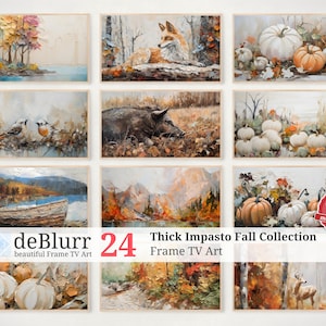 Könnte beinhalten: Eine Sammlung von 24 gerahmten Gemälden mit Herbstmotiven, darunter Kürbisse, ein Fuchs, ein Reh, Vögel und ein Boot auf einem See. Die Gemälde sind im dicken Impasto-Stil gehalten, mit sichtbaren Pinselstrichen. Der Text "deBlurr 24 Thick Impasto Fall Collection Frame TV Art" befindet sich am unteren Rand des Bildes.