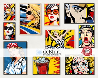 Printable Wall Art Set of 10 Inspired by Roy Lichtenstein • Pop Art Decor • Comic Style Prints • Instant Download • Digital Art