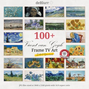 May include: A collage of 16 different paintings by Vincent van Gogh. The paintings are arranged in a grid pattern and feature a variety of subjects, including landscapes, portraits, and still lifes. The text "100+ Vincent van Gogh Frame TV Art Instant Download" is displayed in the centre of the collage. The text "GUARANTEE 60 DAYS MONEY BACK" is displayed in the bottom right corner of the collage. The text "JPG files sized at 3840 x 2160 pixels with 16:9 aspect ratio" is displayed at the bottom of the collage.