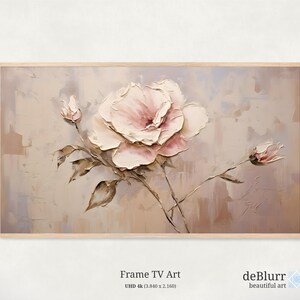 May include: A painting of a single pink rose with two buds, painted in a textured style on a beige background. The painting is framed in a light wood frame.